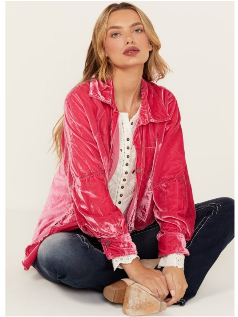 We The Free Night Skies Velvet Oversized Button Down Top Hot Pink XS